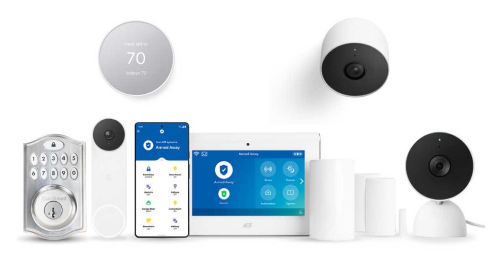 ADT smart home security system with cameras, a digital keypad, and smart locks, designed for home automation.
