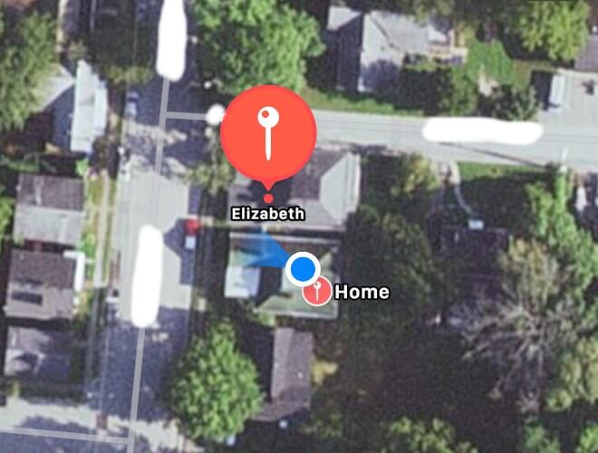 An overhead map shot showing GPS of a home and a person's location.