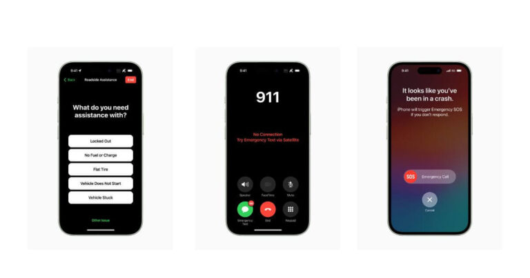 Screenshots of Apple's new safety and roadside assistance features