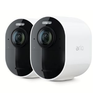 White Arlo Ultra 2 4K security cameras.