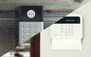 SimpliSafe and ADT home security system components displayed side-by-side for comparison