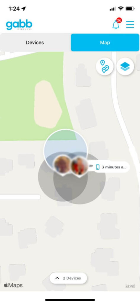 Screenshot of Gabb Watch app displaying customizable safe zones map