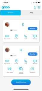 Gabb parent app displaying device connection status and battery life