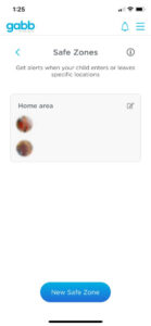 Gabb Watch parent app showing interface to create a new geofenced safe zone