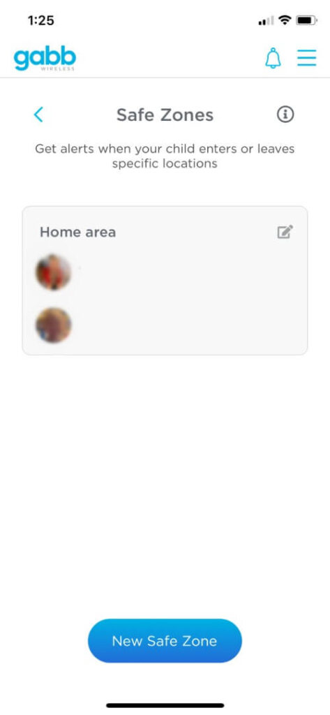 Gabb Watch parent app showing interface to create a new geofenced safe zone