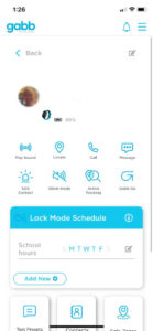 Gabb Watch app showing parental control options including location, contacts, lock mode, and alerts