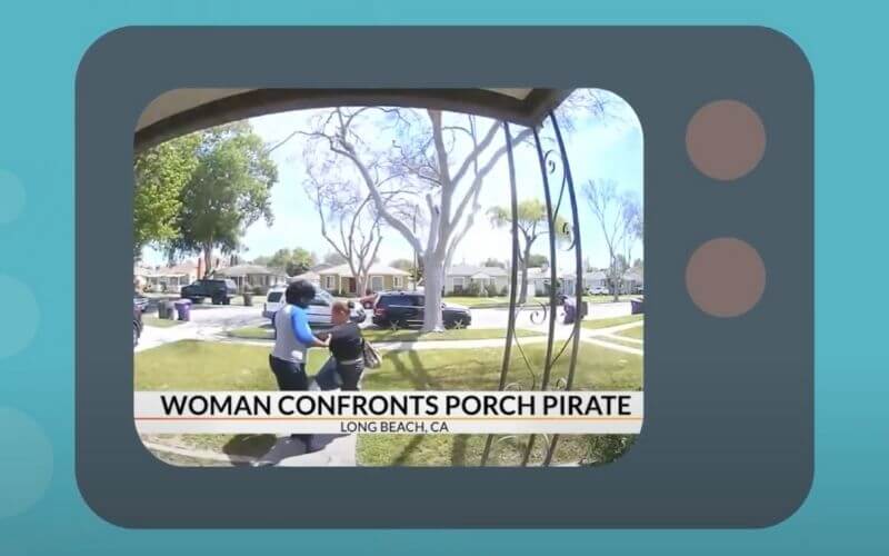 screenshot of news clip woman confronts porch pirates
