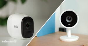 split image with arlo and ring cameras on countertops