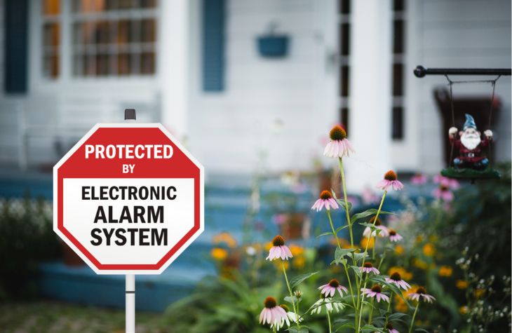 A sign in front of a house saying the residence is protected by an electronic alarm system