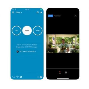 The SimpliSafe home security app's arming and camera view screen on a smartphone.