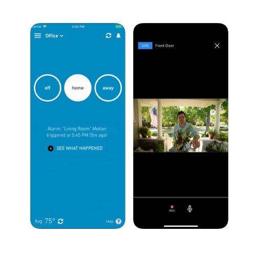 The SimpliSafe home security app's arming and camera view screen on a smartphone.