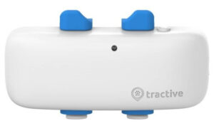 A close-up of the Tractive GPS tracking device for pets.