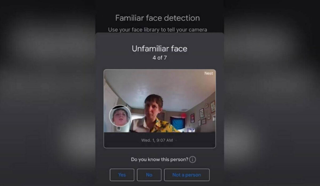 A Nest home security camera detecting an unfamiliar face using facial recognition technology.