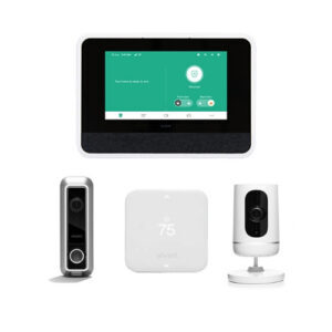 A Vivint home security kit including cameras, a control panel, and a smart thermostat.