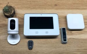 A digital display of a Vivint home security system showing its user interface and device connectivity.