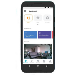 Smartphone displaying the dashboard of the Abode smart home security app.