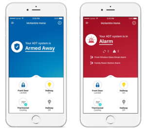 The ADT+ security app interface for smart home automation and voice control.