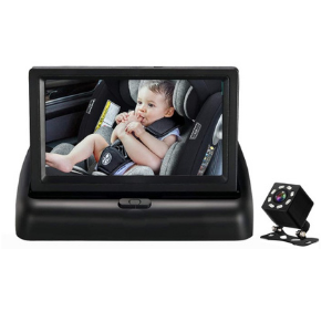 The Itomoro baby car camera system, including the back seat camera and dashboard monitor.