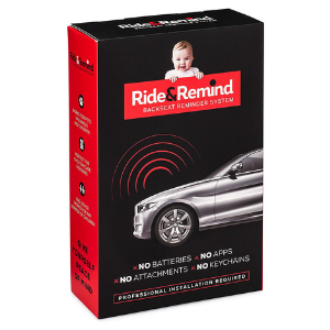 Product box for the Ride 'n Remind car seat alarm and backseat reminder system.