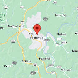 map with pin showing location of Paintsville, Kentucky, the #1 safest city in Kentucky for 2025