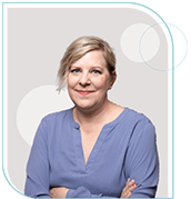 headshot of person on illustrated backdrop