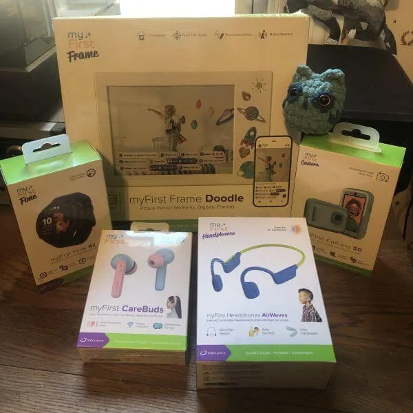Products from myFirst, including a kids smartwatch, digital camera, ear buds, and digital photo frame