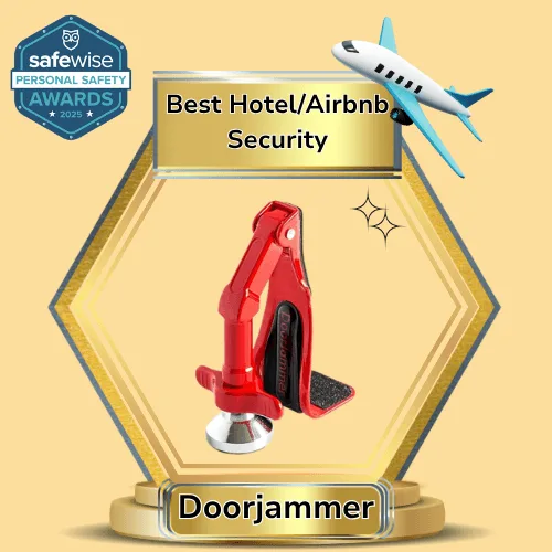 The Doorjammer Door Lock wins Best Hotel/Airbnb Security in the SafeWise Personal Safety Awards 2025. Learn more in our review.