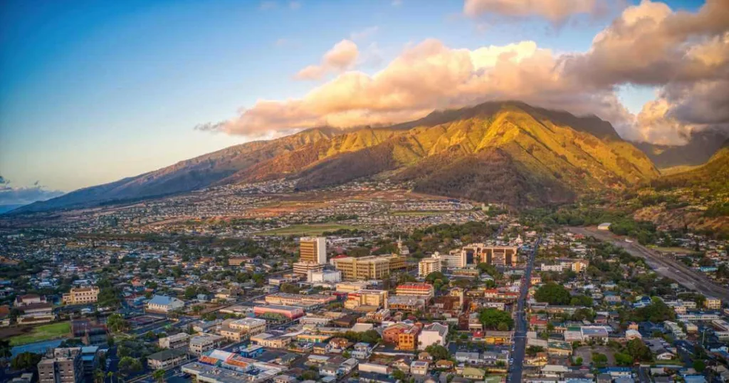 Aerial View of the City of Wailuku on the Island of Maui in Hawaii