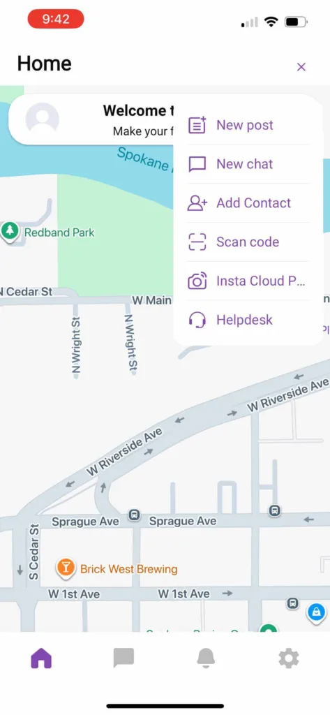 A screenshot of the myFirst Circle home screen and the menu to all the features like adding contacts, making a new post, or contacting the helpdesk.