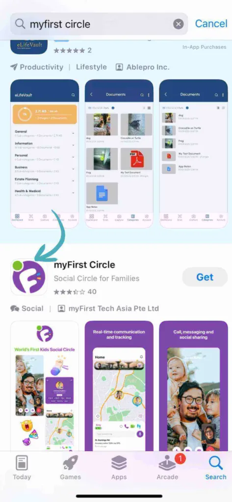 A screenshot showing what the myFirst Circle app looks like in the app store when you go to download it on iOS.