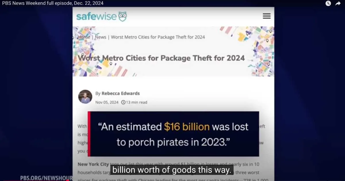The Worst Metro Cities for Package Theft report was featured on PBS NewsHour, with an exclusive interview with Rebecca Edwards, our lead reporter and spokesperson.