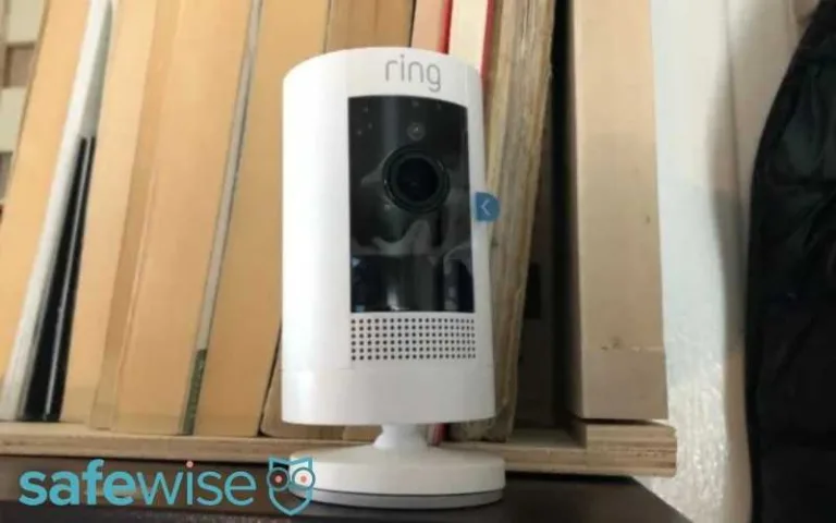 The Ring Stick-Up Cam on a shelf.