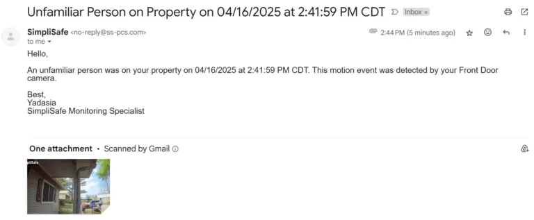 Notification email from SimpliSafe about an unknown person at my house. Complete with photo.