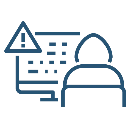 icon of person in hoodie with a desktop computer showing information to represent identity theft