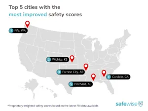 US Map showing the location of the top 5 cities with most improved safety scores