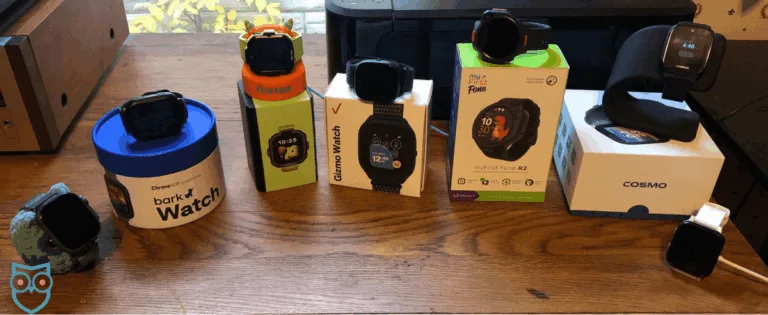 Seven kids smartwatches displayed on their boxes to show some of the brands we tested