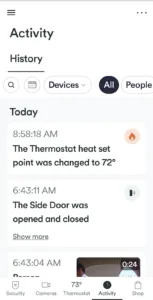The activity screen on the Vivint app.