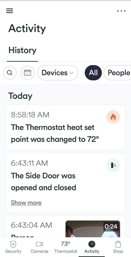 The activity screen on the Vivint app.